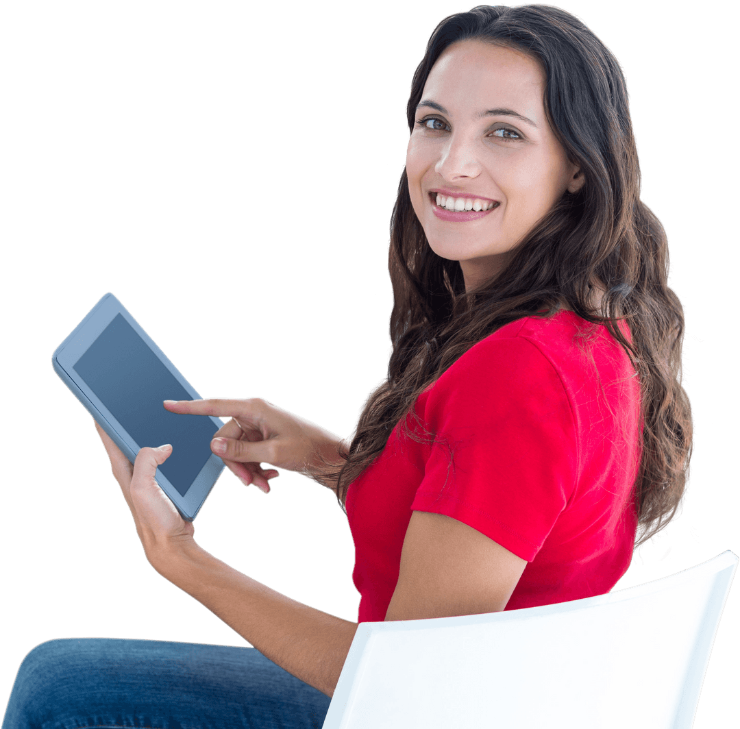 Happy Woman Using Tablet Holding in Chair Transparent Background