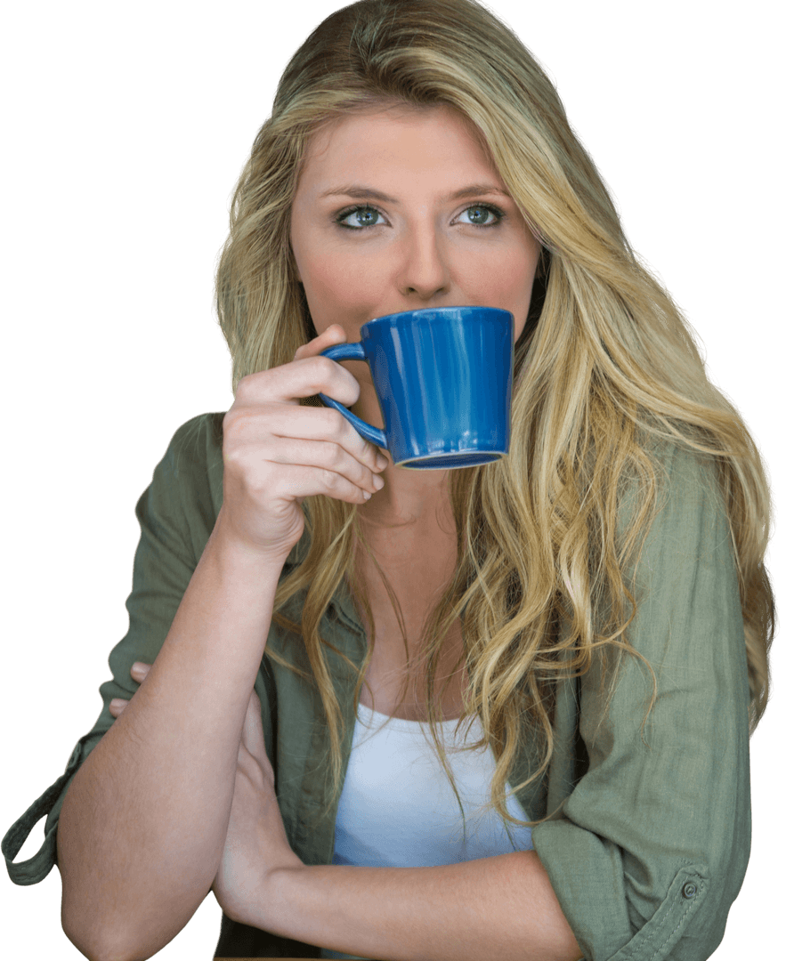 Caucasian Woman Drinking Coffee on Transparent Background