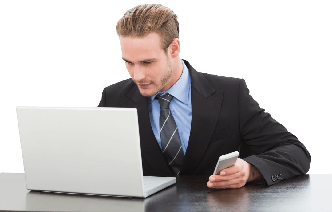 Transparent Background Businessman Working on Laptop Holding Phone