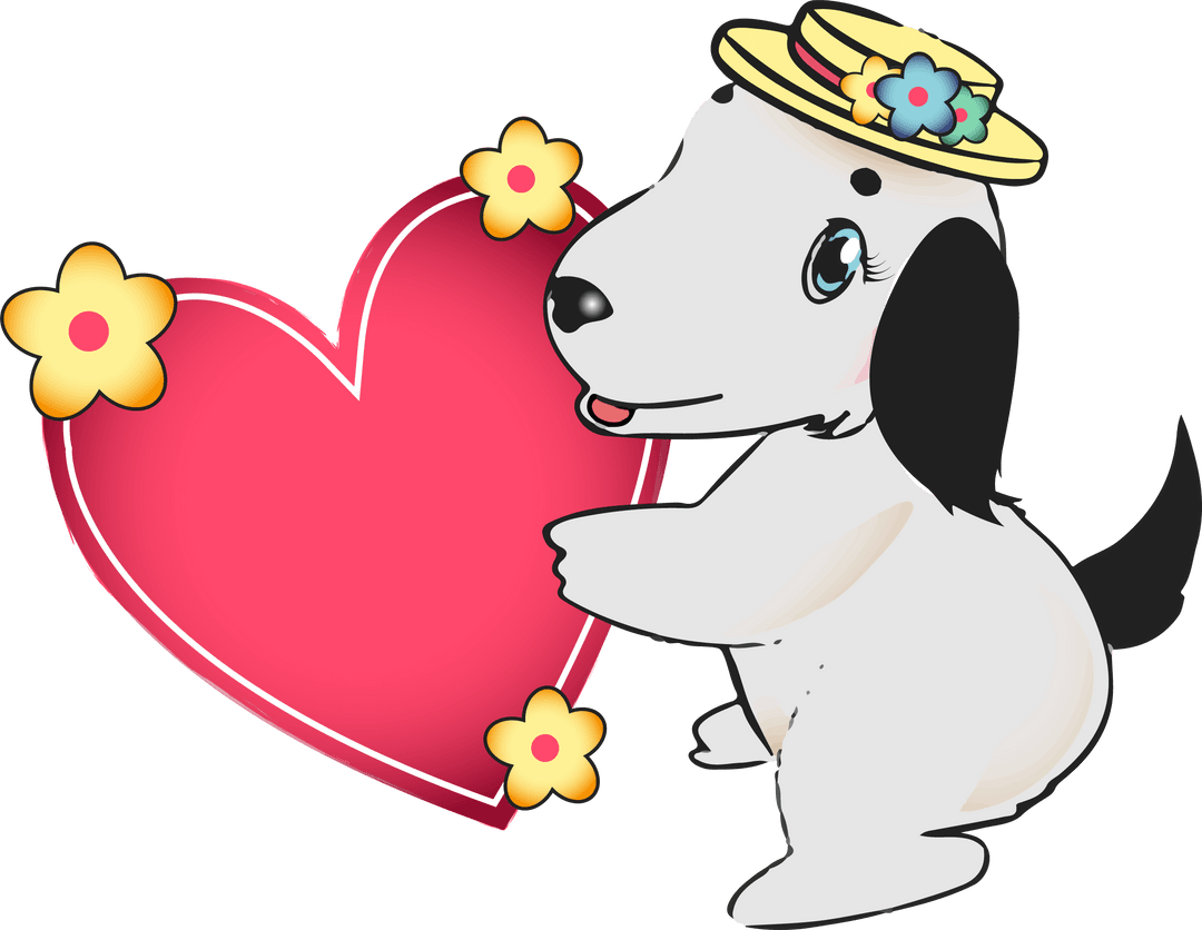 Loveable Dog Hugging Heart with Floral Straw Hat on Transparent Background