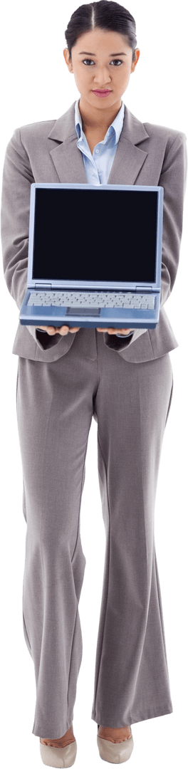Transparent Businesswoman Presenting Open Laptop