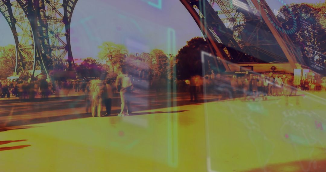 Tourists Exploring Eiffel Tower with Neon Augmented Reality Overlay