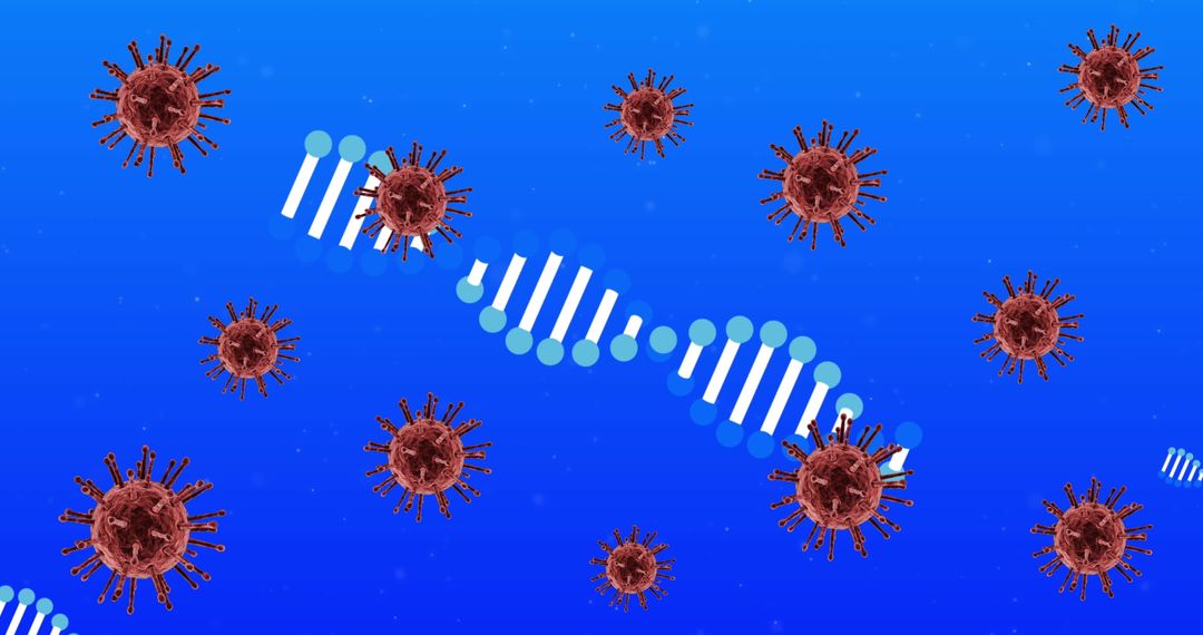 Digital Illustration of RNA Strands with Virus Particles on Blue Background