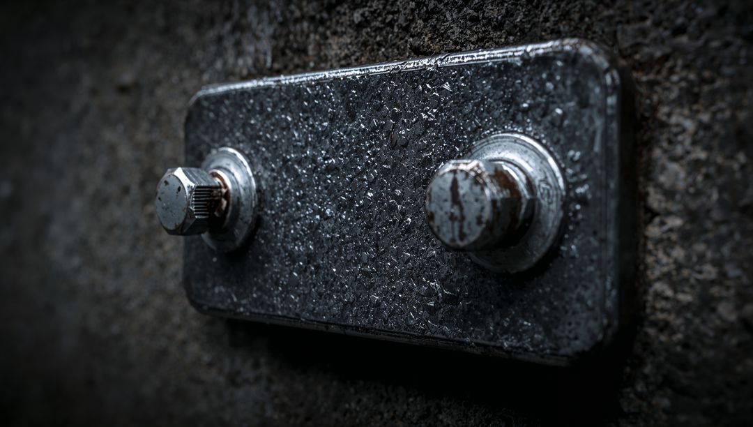 Displaying Galvanized Mounting Plate with Corroded Bolts on Wet Concrete Surface