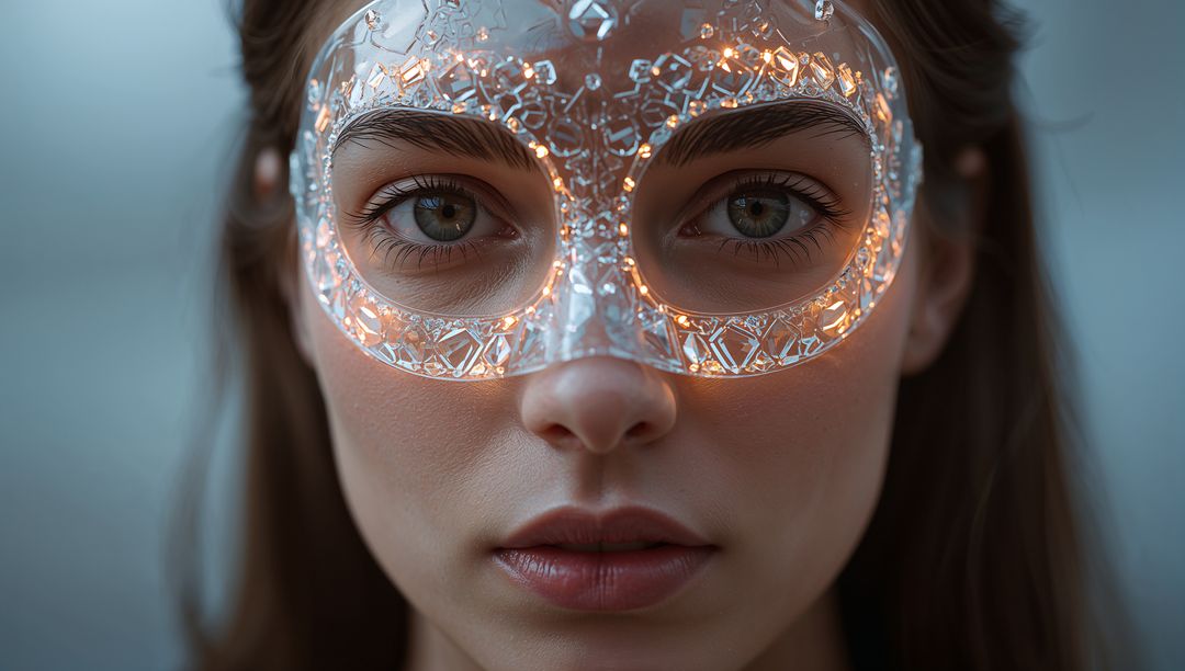 Close-up young woman wearing crystalline LED masquerade mask glowing with faceted lights