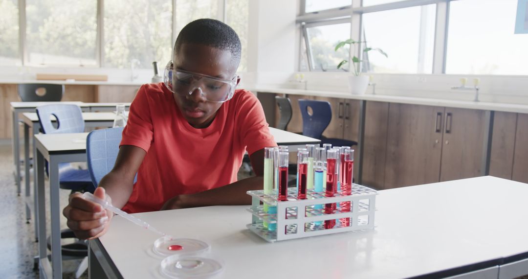 Boy Conducting Science Experiment with Test Tubes in School Lab