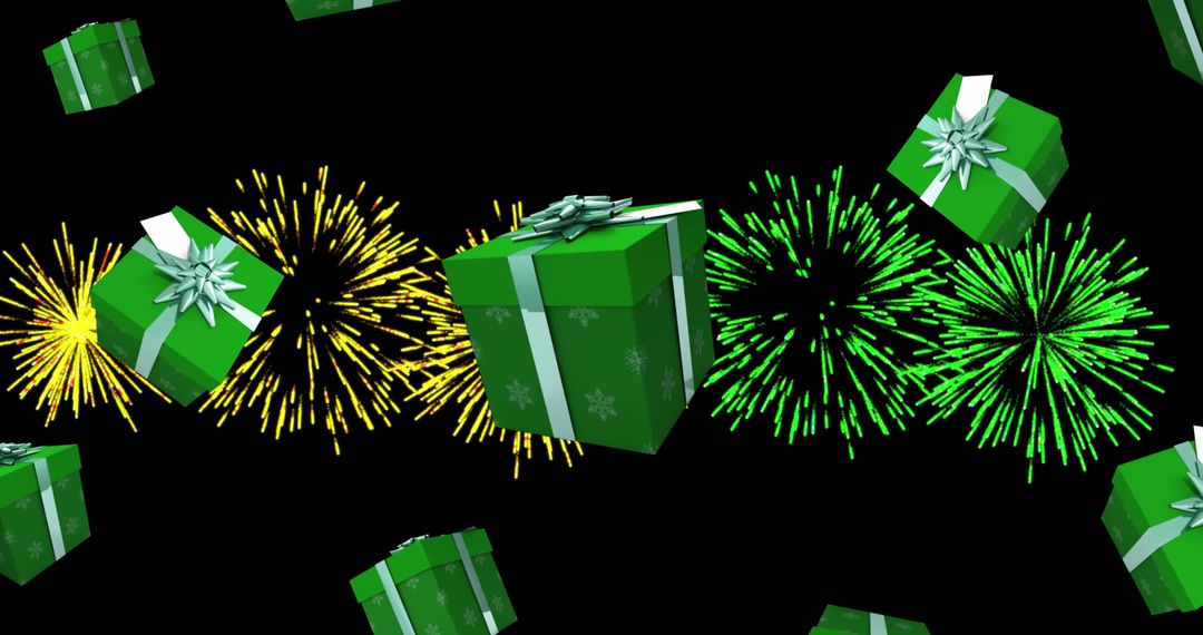 Green Christmas Gifts with Colorful Firework Display