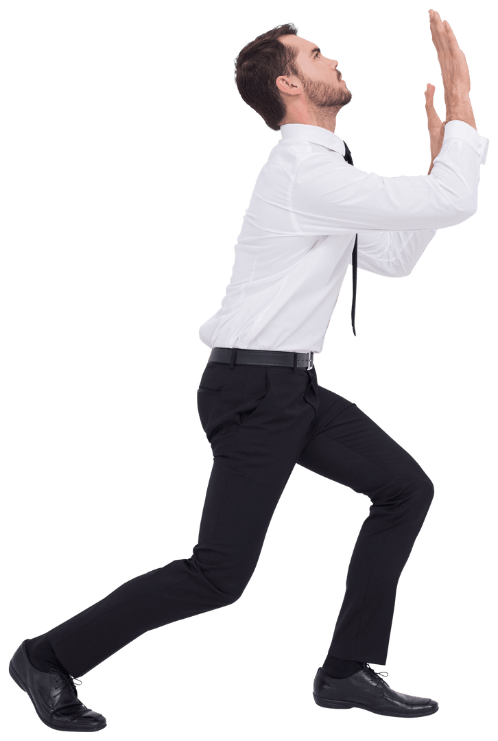 Transparent Businessman Pushing Against Invisible Barrier