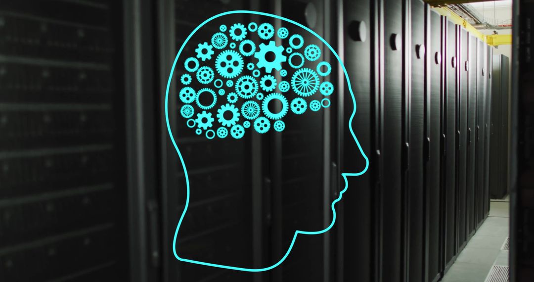 Artificial Intelligence Cog Icons Over Modern Server Room