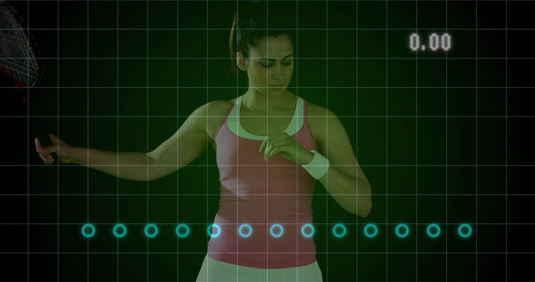 Tennis player practicing serve beneath futuristic HUD with glowing score and analytics
