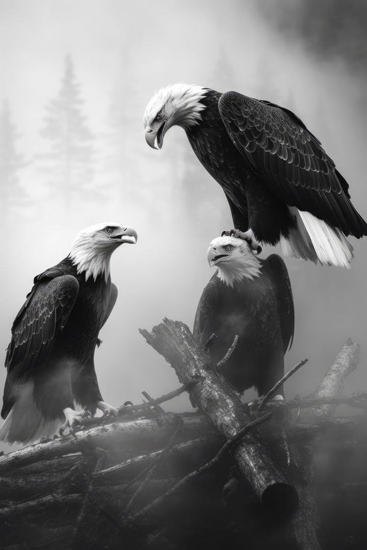 Three Bald Eagles Perched on Tree Branch in Misty Forest - Free Images, Stock Photos and Pictures on Pikwizard.com
