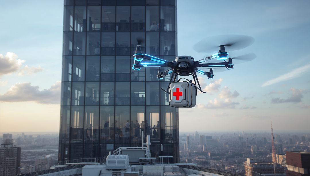 Medical drone hovering over high-rise rooftop carrying red cross medkit while staff watching
