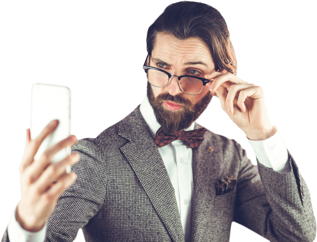 Bearded Businessman in Glasses Taking Selfie Through Transparent Mobile