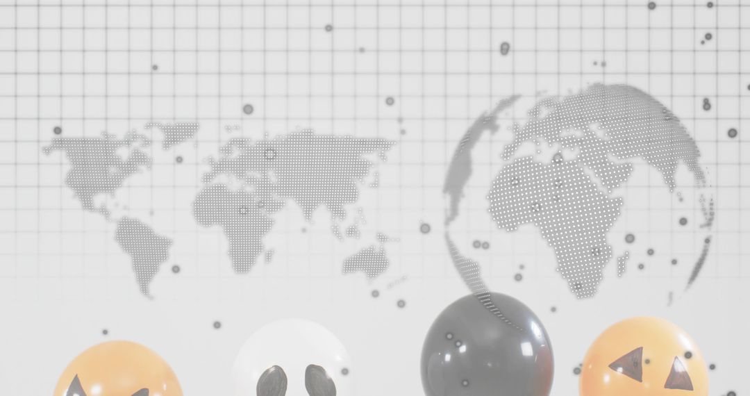 Floating Halloween balloons and jack-o'-lanterns over dotted world map backdrop