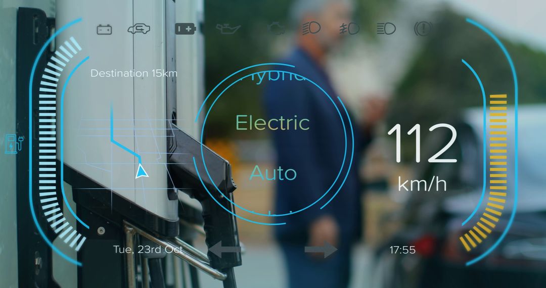 Futuristic Interface with Electric Charging and Speedometer Over Petrol Station