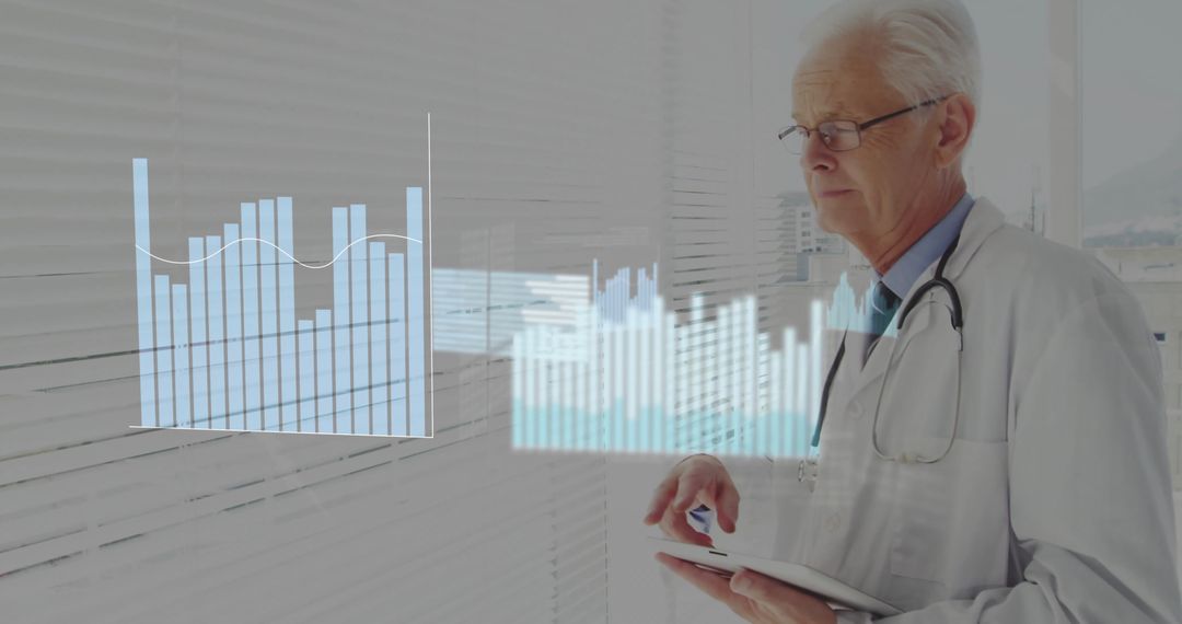 Senior Doctor Analyzing Holographic Medical Data with Tablet
