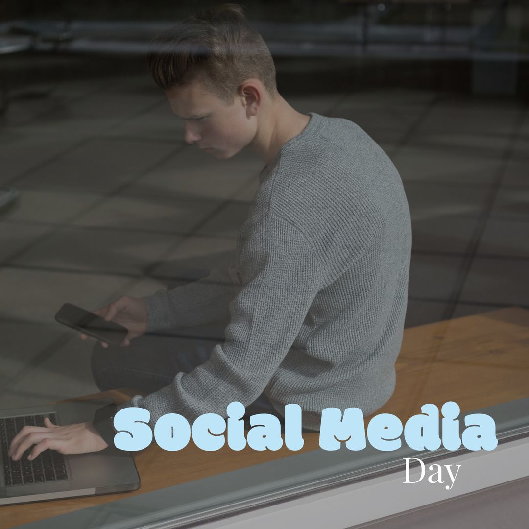 Young Man Multitasking on Social Media Day Celebration