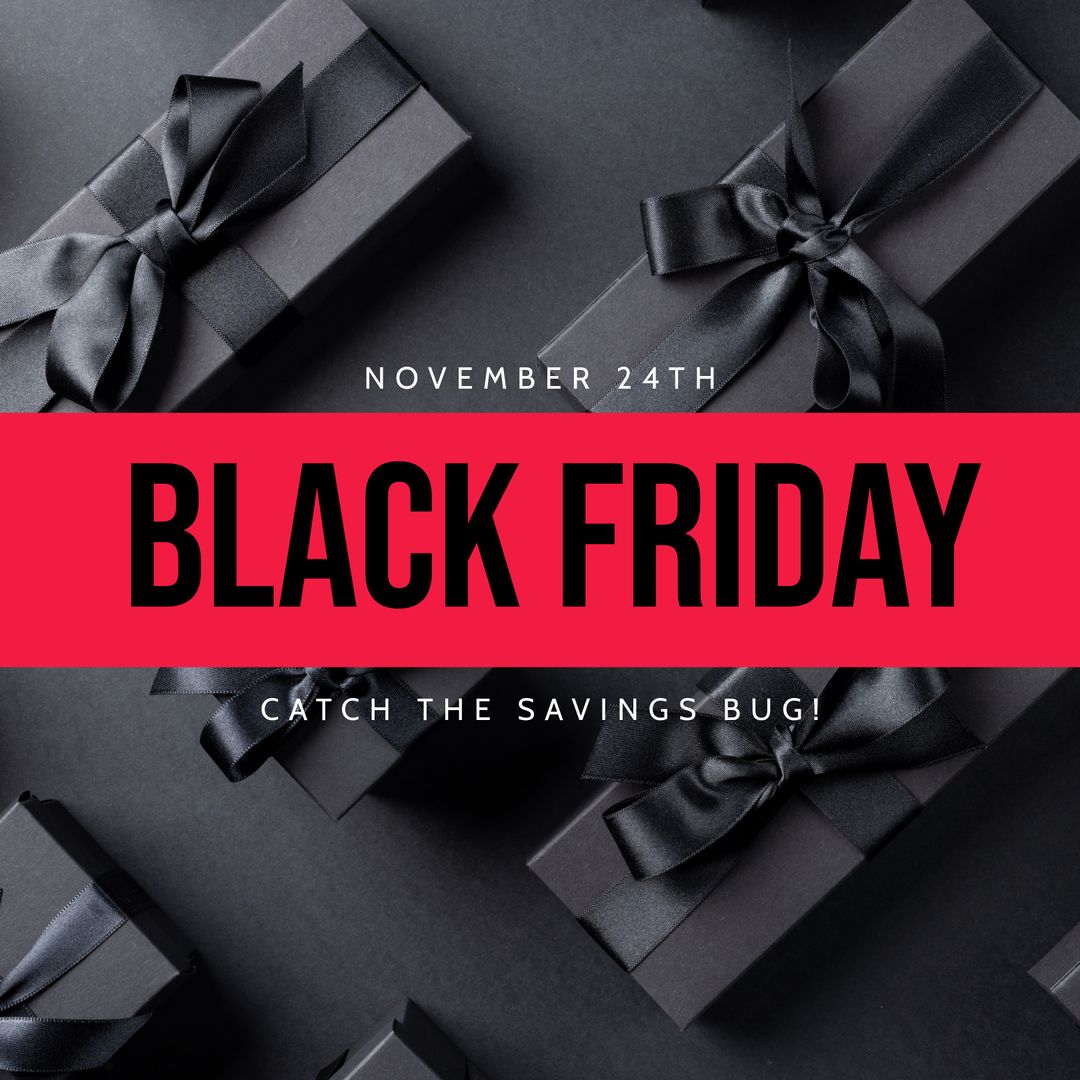 Black Friday Sale Promotion with Elegant Gift Boxes, Red Banner