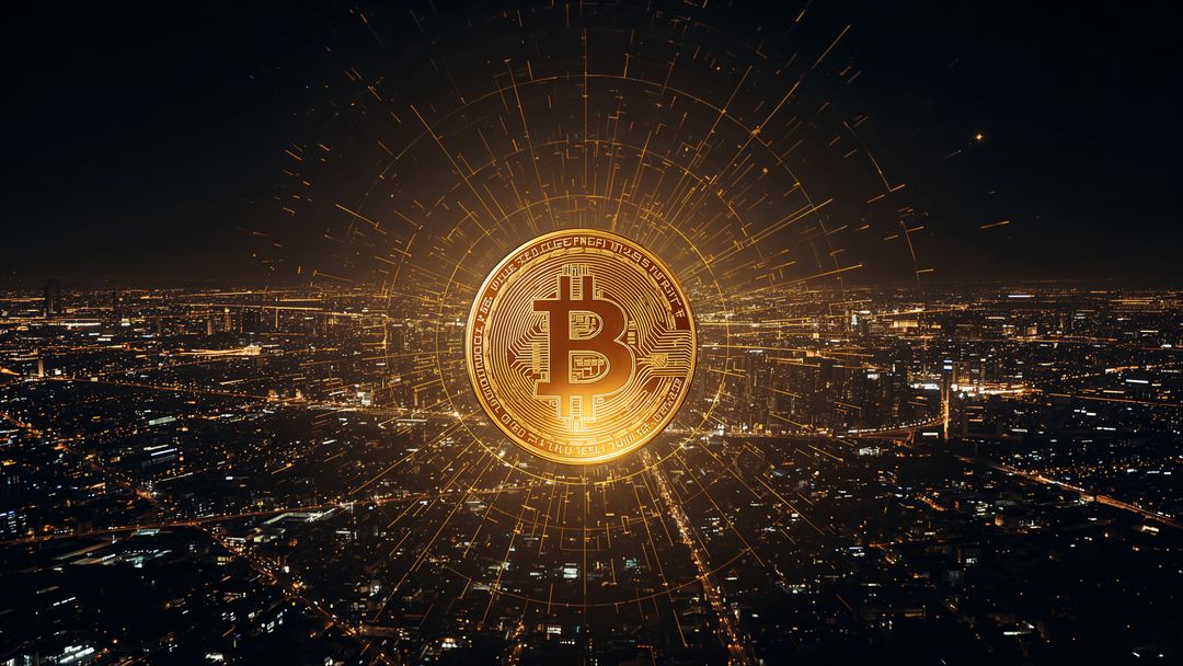 Glowing Bitcoin Above City with Radiating Networks