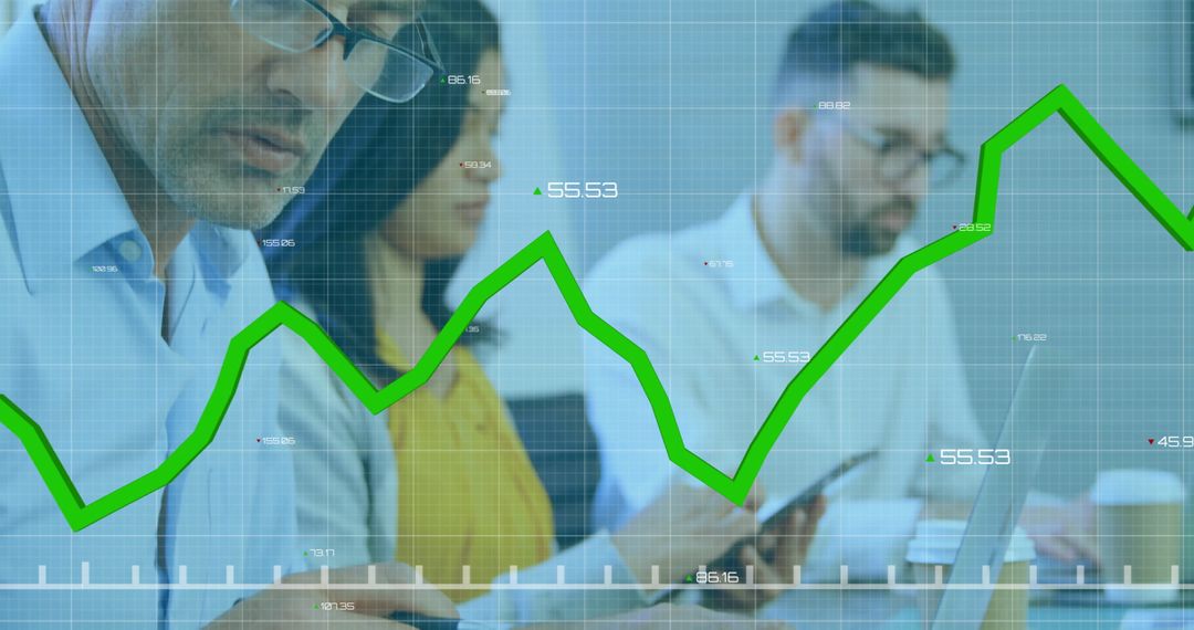 Colleagues Analyzing Reports with Profitable Graph Overlay in Modern Office - Free Images, Stock Photos and Pictures on Pikwizard.com