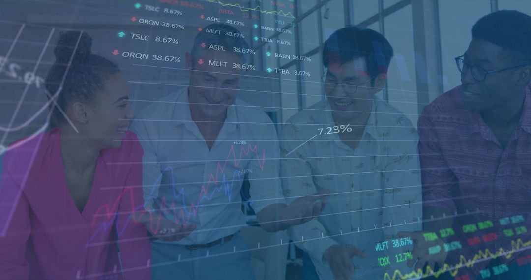 Diverse Coworkers Collaborating with Financial Data Overlay