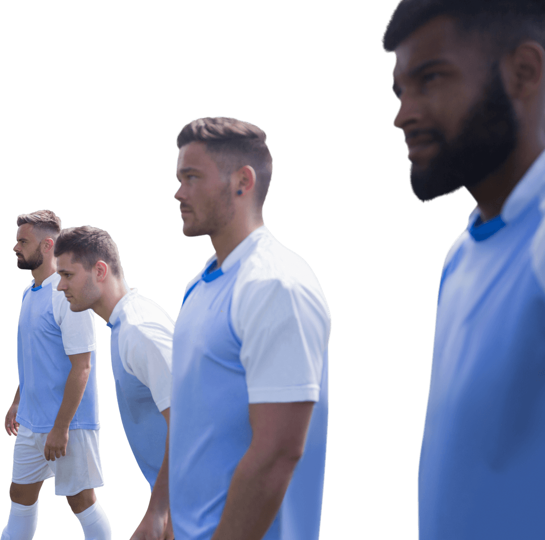 Diverse Male Soccer Players in Row on Transparent Background