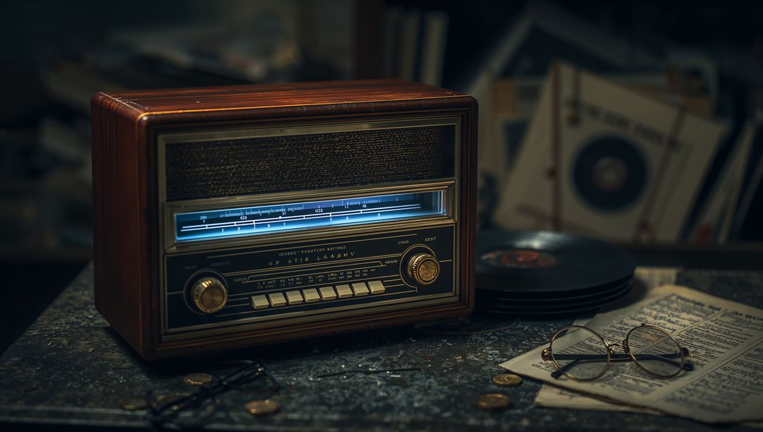 Glowing Vintage Wooden Radio with Blue Dial and Brass Knobs on Worn Study Table
