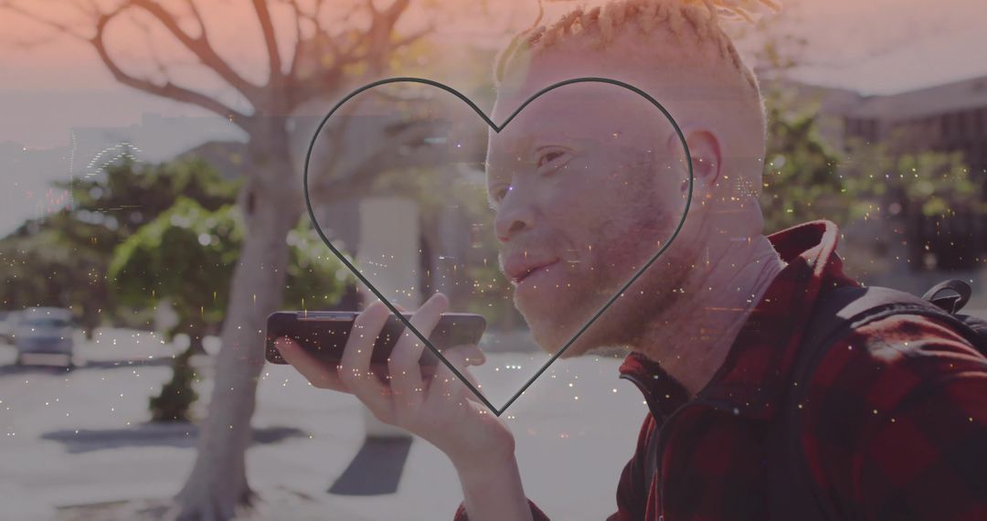 Talking man holding smartphone on sunny urban sidewalk with heart overlay and backpack