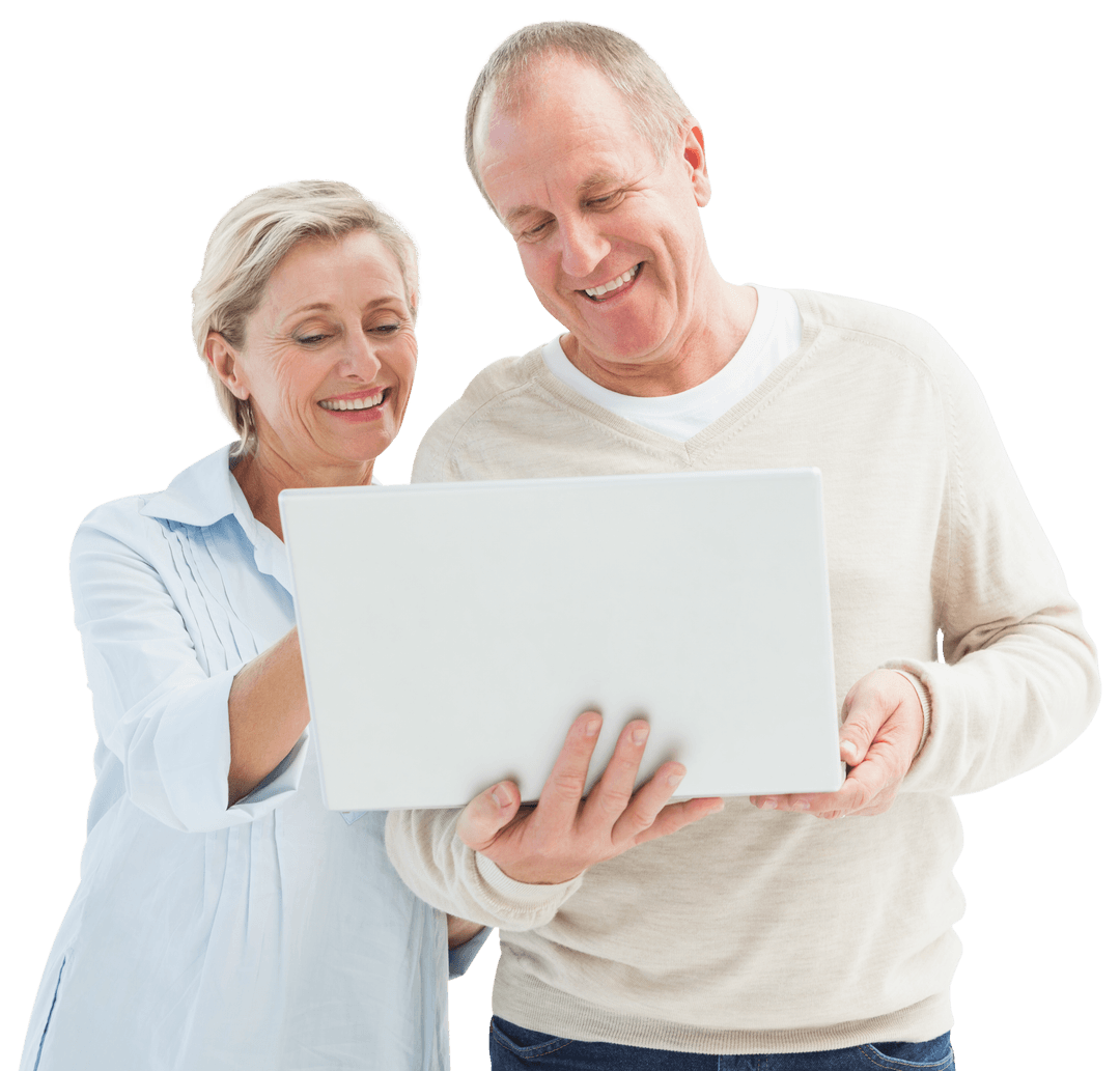 Happy Senior Couple Engaging with Laptop on Transparent Background