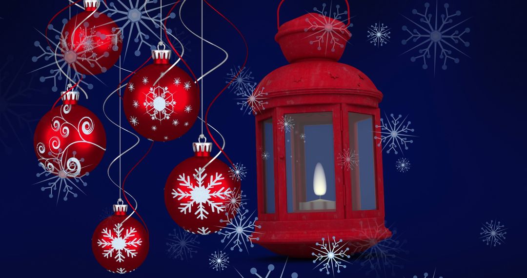 Red Lantern and Christmas Baubles Amid Falling Snowflakes