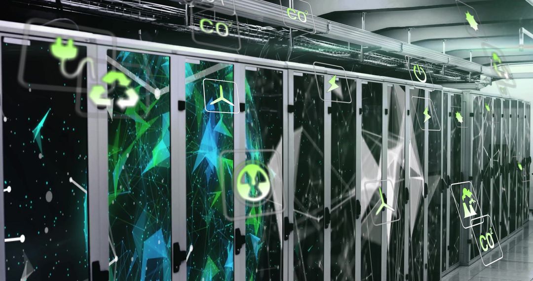 Sustainable Data Center with Eco Icons Highlighting Green Technology