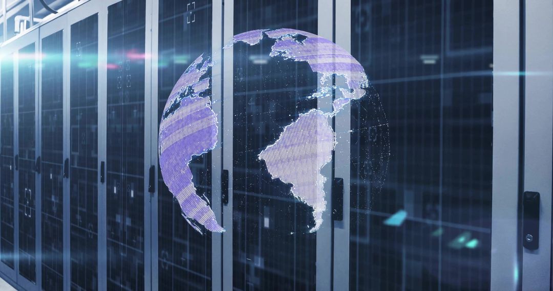 Holographic Globe Over Server Racks in Modern Data Center