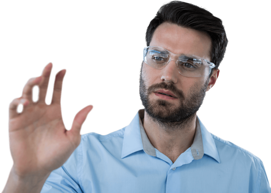Male Touching Virtual Display with Transparent Protective Eyewear