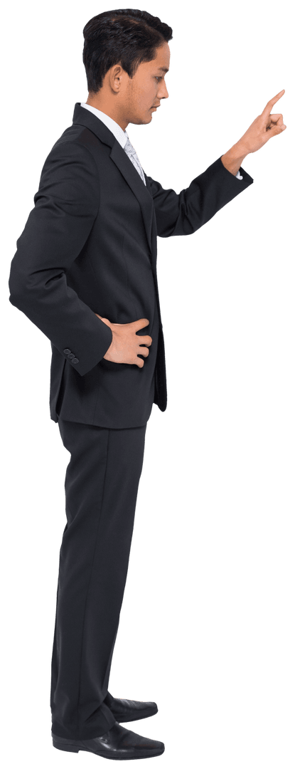 Biracial Businessman Pointing in Black Suit on Transparent Background