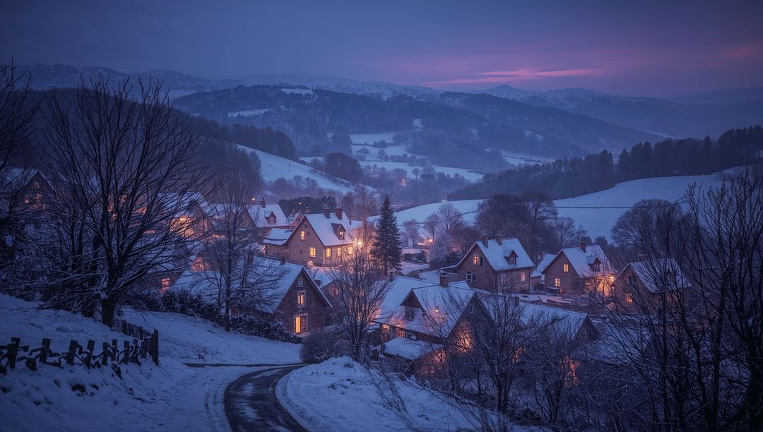 Glowing snow-covered village nestling in twilight valley with warm window lights