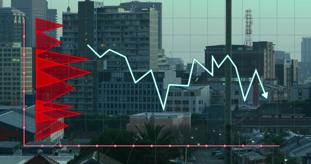 Financial Graphs Overlay on Urban Skyline Depicting Market Trends