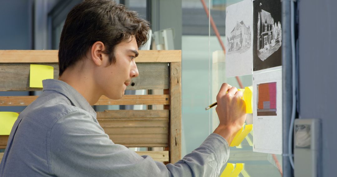 Young Male Architect Reviewing Blueprint Sketch in Modern Office - Free Images, Stock Photos and Pictures on Pikwizard.com