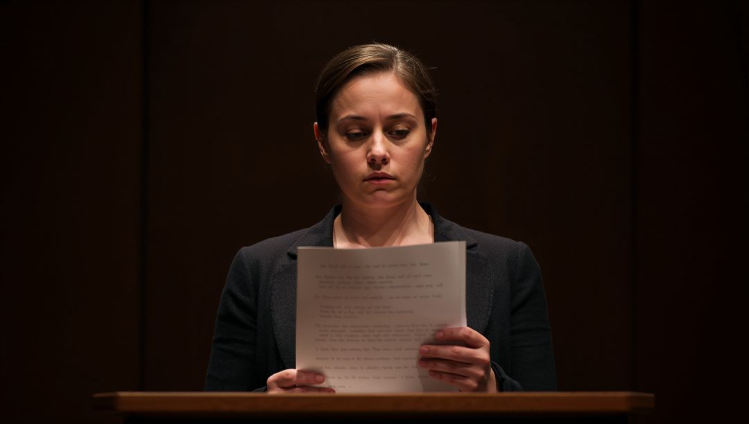 Woman Reading at Lectern Under Spotlight Holding Document on Dark Stage for Presentation