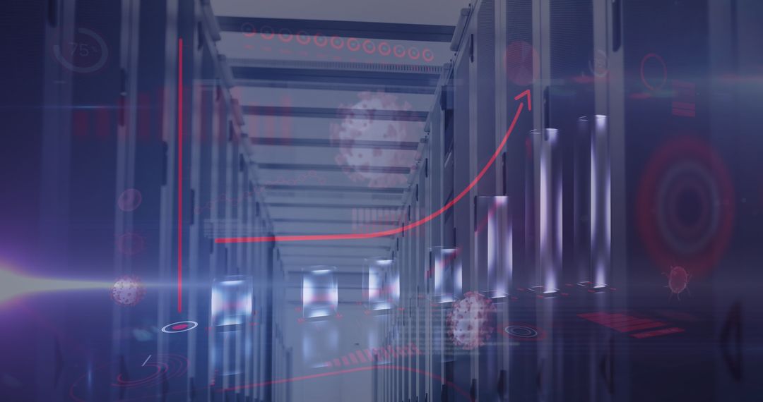 Digital Interface with Graph and Virus Cells in Server Room