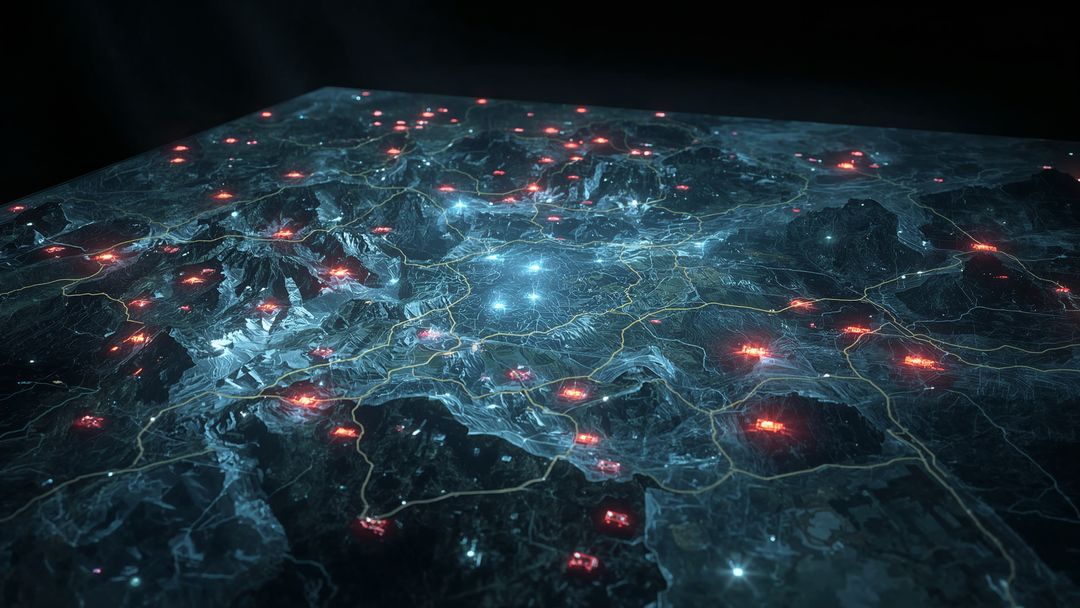 Futuristic Holographic Terrain with Glowing Nodes