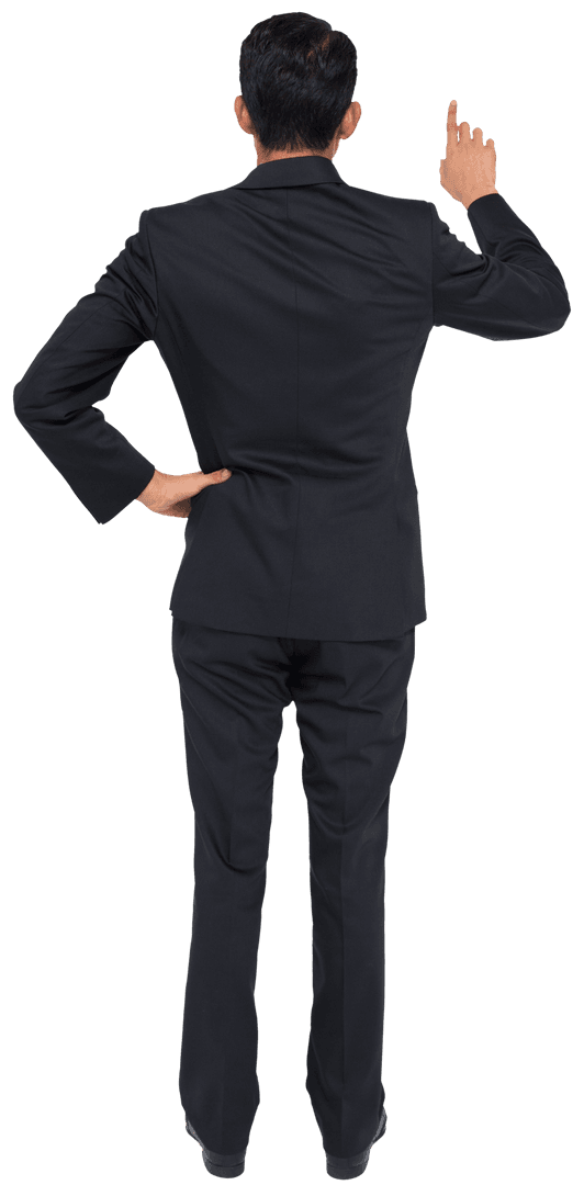 Back View of Biracial Businessman Pointing, Transparent Background