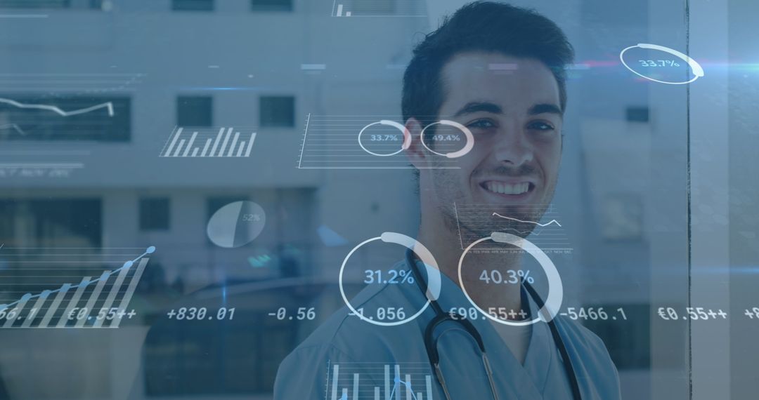 Smiling Caucasian Doctor Surrounded by Digital Financial Graphics