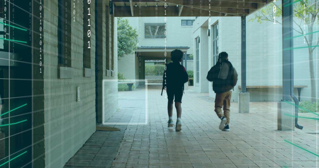 Students Walking in School with Technology Overlay