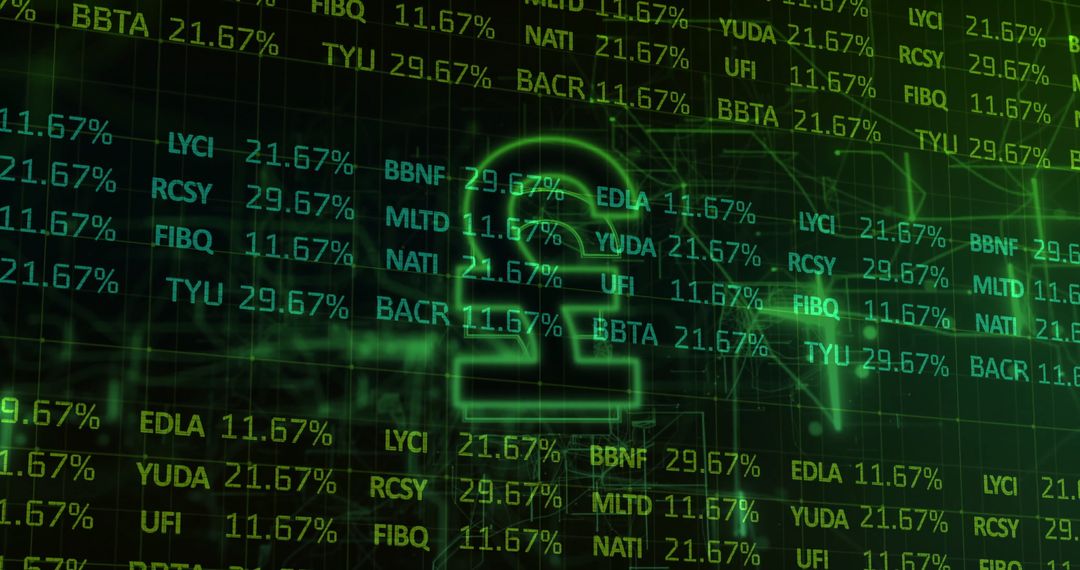 Glowing Pound Symbol with Digital Stock Ticker and Green Data Stream