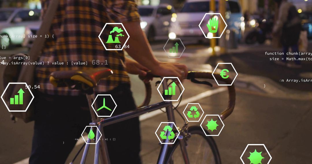 Cyclist with Eco-Friendly Tech Overlay in Urban Night Scene