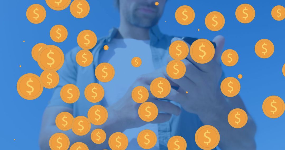 Man Engaged with Smartphone and Floating Gold Coins symbolizing Digital Wealth