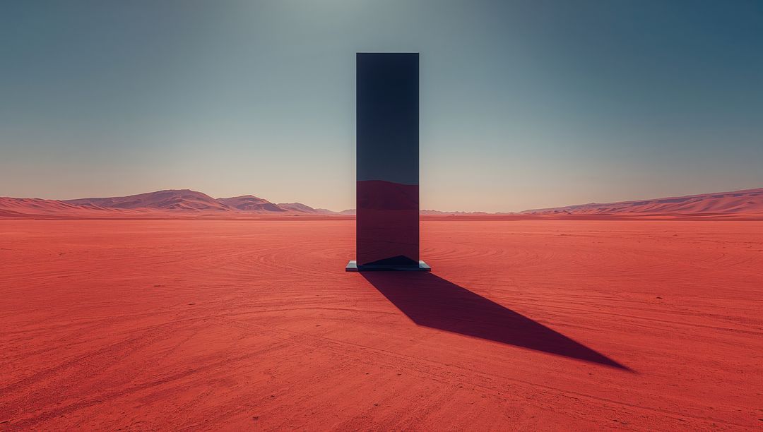 Reflective Monolith Standing in Red Desert Plain Casting Long Shadow Futuristic Minimalism