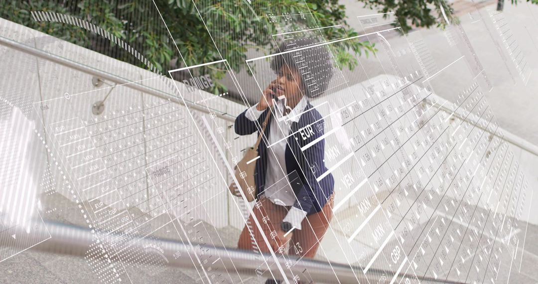 Businesswoman Using Smartphone on City Stairs with Data Interface