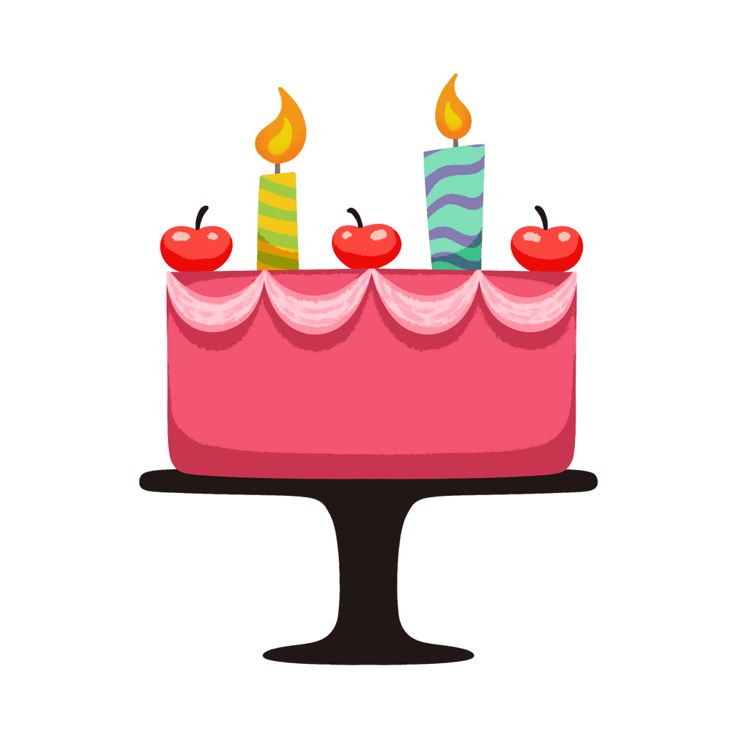 Flat Pink Celebration Cake on Pedestal Stand with Candles and Cherries