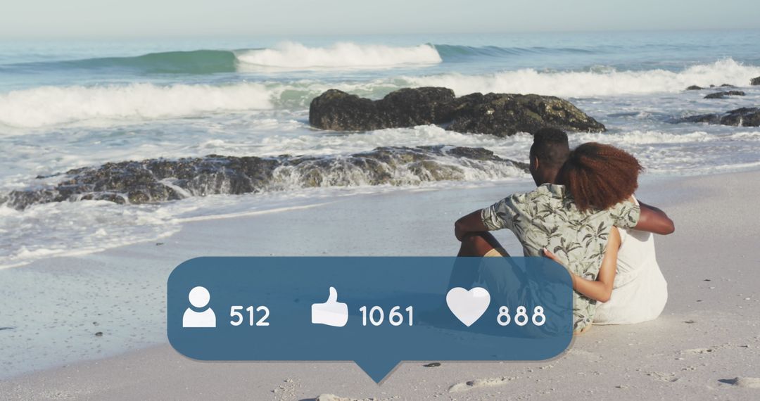 Couple Embracing on Beach with Social Media Icons Overlay